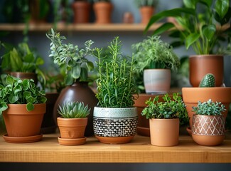 A variety of potted plants on a wooden shelf against a blurry background