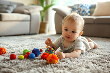 baby child playing with toy on floor of room