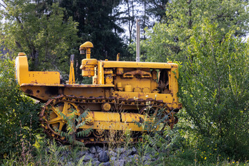 An old rusty yellow bulldozer with caterpillar tracks overgrown with trees in a field