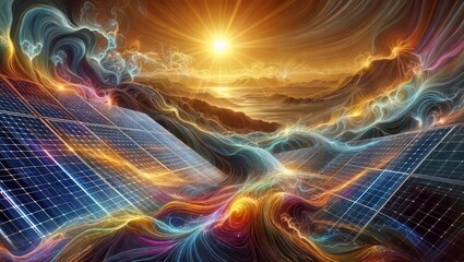 A surreal and vibrant artistic rendition of solar panels amidst swirling cosmic energy and a radiant sun, creating a mesmerizing fusion of renewable energy and ethereal elements.