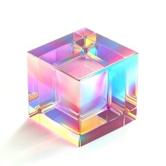 perfectly shaped cube with an iridescent surface, reflecting a spectrum of colors