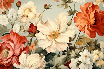 Fototapeta premium Romanticism floral, lush summer blossoms, seamless vector pattern for luxurious textile design , flat graphic drawing