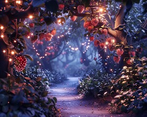 Enchanted forest with glowing leaves and sparkling fruits, a fantasy realm