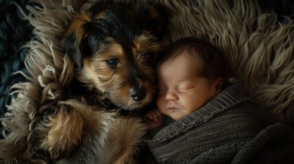 A touching image of a newborn baby nestled securely in a puppy's soft fur, as if the puppy is protecting and comforting the little one