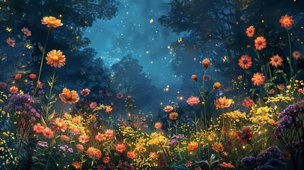 Vibrant enchanted garden scene at night, glowing with fireflies and mystical flowers