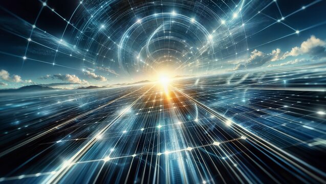 Surreal digital portal or wormhole with intricate geometric patterns and illuminated nodes, representing technological connectivity, data transmission, and interdimensional travel.