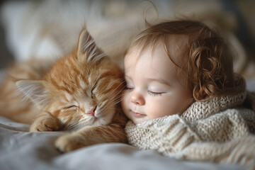cute baby child sleeping with cat