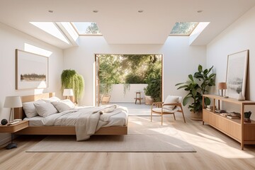 Sunny White Spacious Bedroom with Skylight and Garden View and Skylights