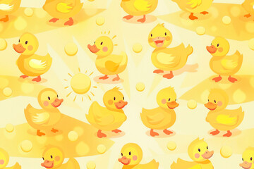 cheerful yellow rubber ducks with sunny motifs on a light background