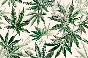 botanical pattern of cannabis leaves in shades of green on a light background