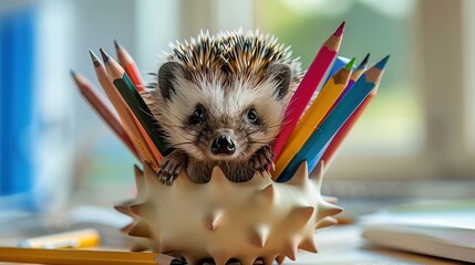 A cheerful hedgehog morphing into a spiky, fun pen holder, organizing tools for creative drawing sessions - obrazy, fototapety, plakaty