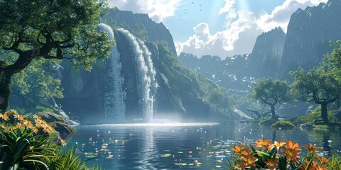 Fantasy landscape with waterfall and mountains