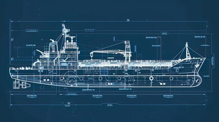 A detailed blueprint of a cargo ship, emphasizing engineering and design, in technical drawing style