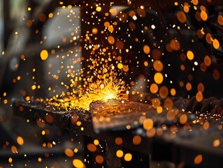 A detailed view of sparks scattering as metal is pounded, illustrating the raw and vigorous nature of the forging craft