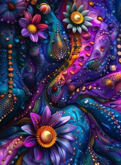 Colorful abstract painting with floral elements