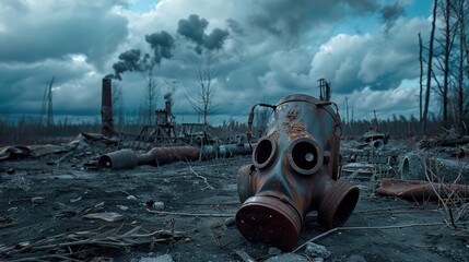 A deserted battlefield, with remnants of chemical warfare, gas masks, and decaying weaponry, eerie silence