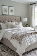Elegant master bedroom with a tufted bed and white bedding