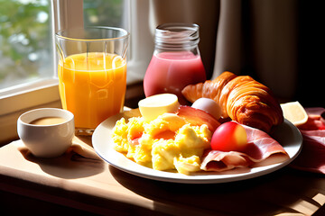 breakfast with croissant and orange juice