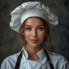 portrait of a beautiful young woman chef in a white toque and apron