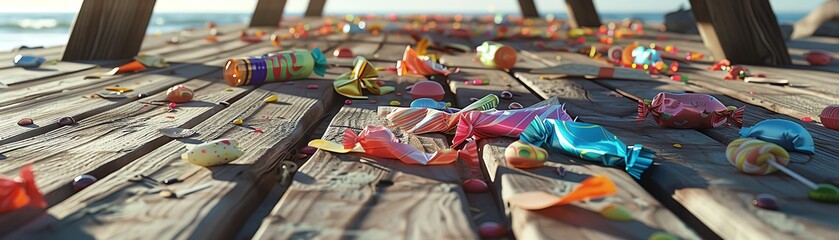 Abandoned beach picnic table strewn with colorful wrappers and leftover candies