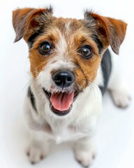 A cute Jack Russell Terrier dog looking up with a happy expression