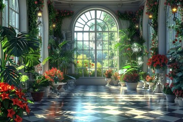 European style sunlit atrium with tropical plants and flowers - Powered by Adobe
