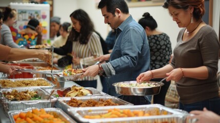 Multicultural families sharing a potluck dinner, sampling dishes from various cultures, strengthening bonds and building bridges of friendship
