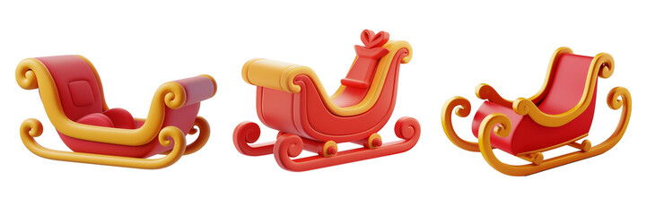 PNG sleigh 3d icons and objects collection, in cartoon style minimal on transparent, white background, isolate