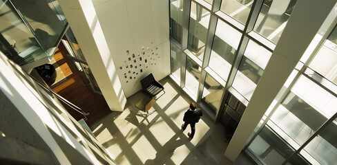 top view of a room in a workspace with a worker, maybe a law enforcement officer wandering in it, with a series of photos posted on a wall.