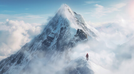 A man stands on top of a mountain, looking out over the clouds - Powered by Adobe