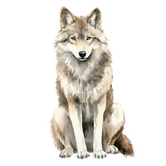 Fototapeta premium AI-Generated Watercolor sitting Gray Wolf Clip Art Illustration. Isolated elements on a white background.