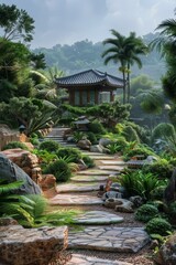 A beautiful garden with a traditional Chinese pavilion