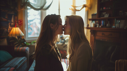 Two queer women kissing in a cozy, sunlit room filled with books and decor.