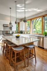 Modern kitchen with large island and stainless steel appliances