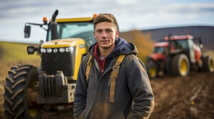 Young farmer standing in front of two tractors