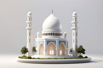 Fototapeta premium Celebration of islamic white mosque miniature 3d rendering in blank background