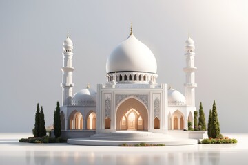 Celebration of islamic white mosque miniature 3d rendering in blank background