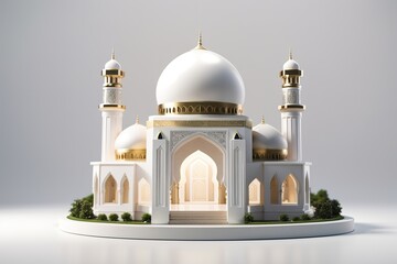 Celebration of islamic white mosque miniature 3d rendering in blank background
