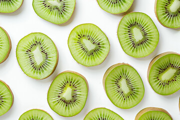 A high-resolution photograph showcasing the succulence and juiciness of Kiwi slices, their enticing appeal presented on a clean white surface.