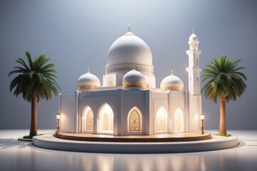 Naklejka premium Celebration of islamic white mosque miniature 3d rendering in blank background