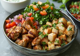 Chicken shawarma bowl with potatoes, tomatoes, and onions
