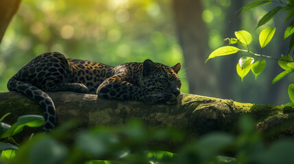 Peaceful leopard resting on a tree branch in a lush forest