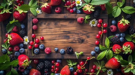 Richly colored array of fresh berries on wooden surface with a rustic wooden frame centerpiece. - Powered by Adobe