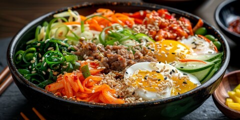 Korean Food Bibimbap With Kimchi And Egg In Black Bowl