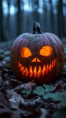 A spooky pumpkin lantern in the woods