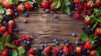 Assorted fresh berries with leaves on a rustic wood background, arranged on the edges with an open...