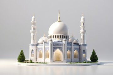 Celebration of islamic white mosque miniature 3d rendering in blank background