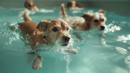 Small dogs swimming in pool, playful and energetic