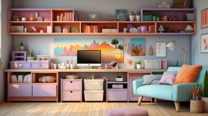 A colorful and organized home office with a large pink and blue bookshelf, a blue couch, and a pink desk with a computer.