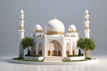 Fototapeta premium Celebration of islamic white mosque miniature 3d rendering in blank background
